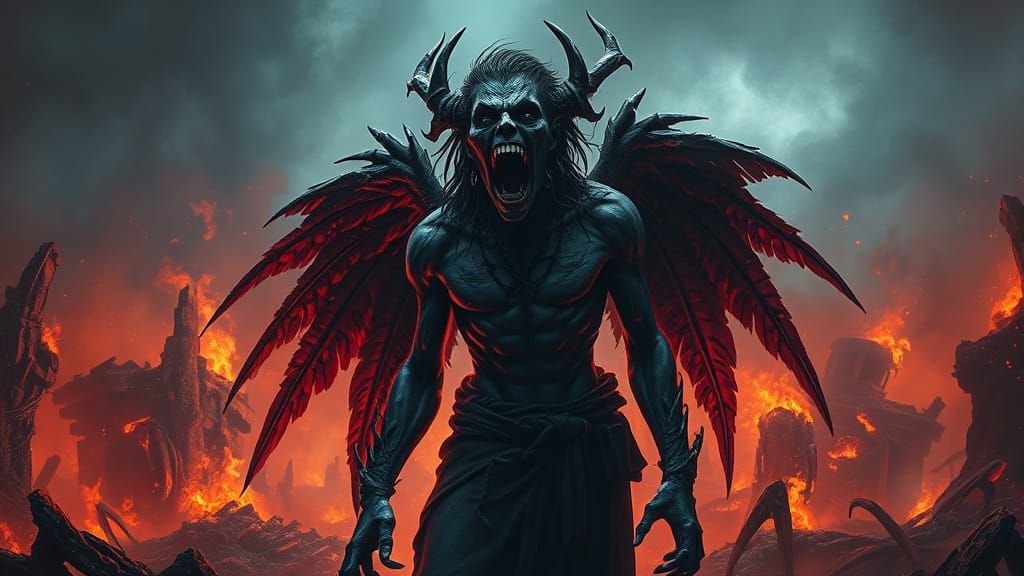 Dark Angel Screaming in Hellish Landscape