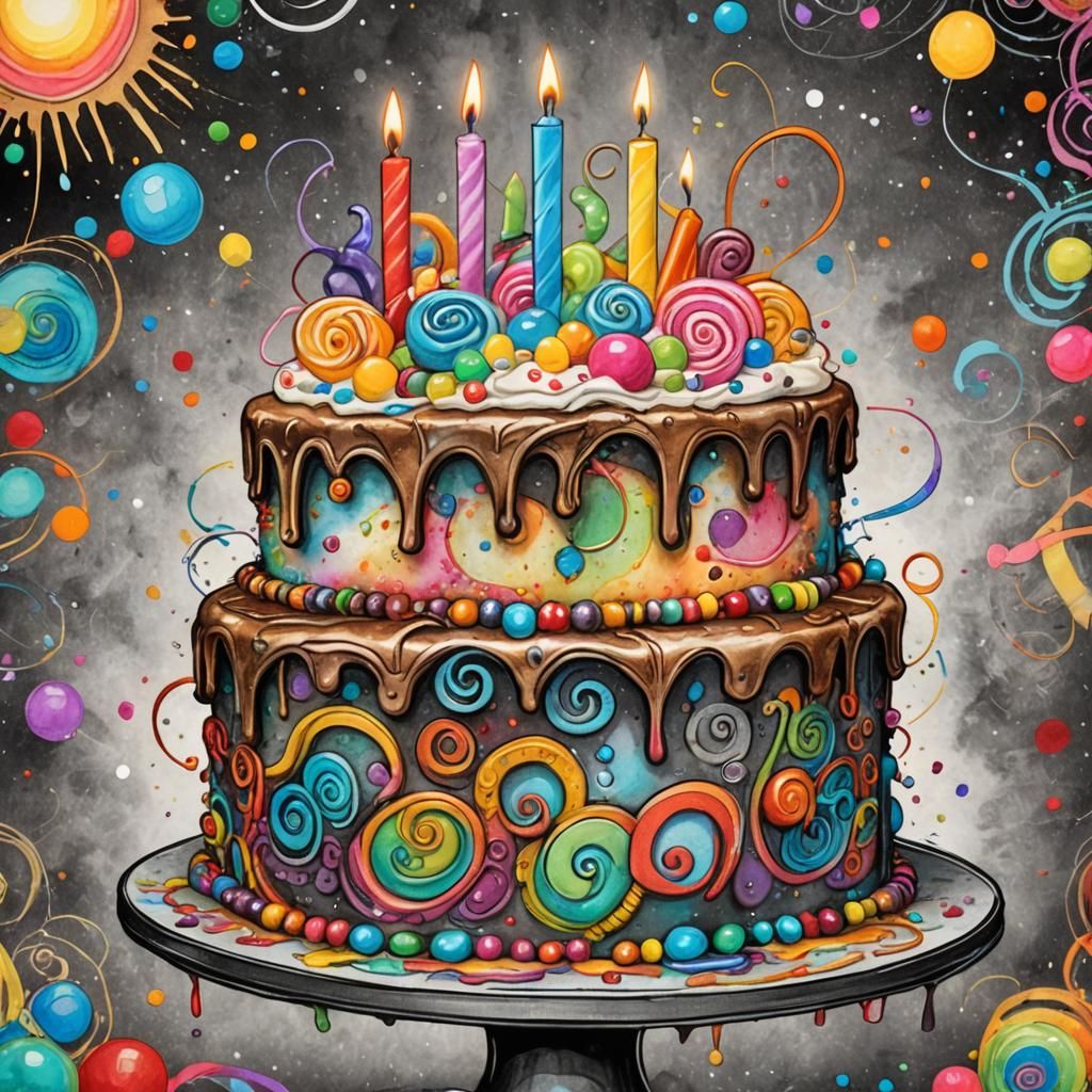 Rainbow Birthday Cake in Mixed Media Style