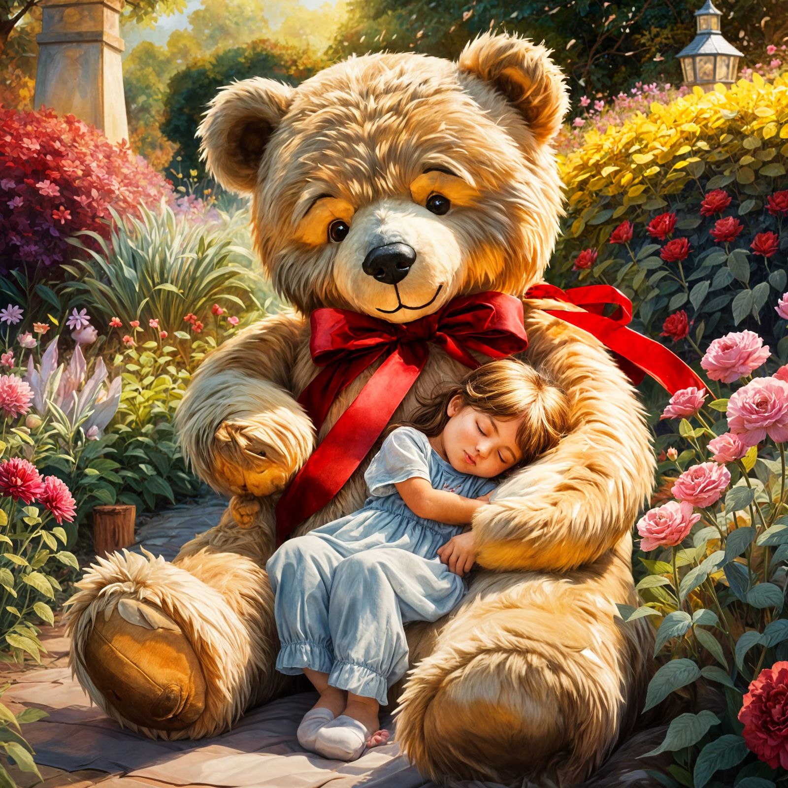 Golden Teddy Bear with Sleeping Child in Garden