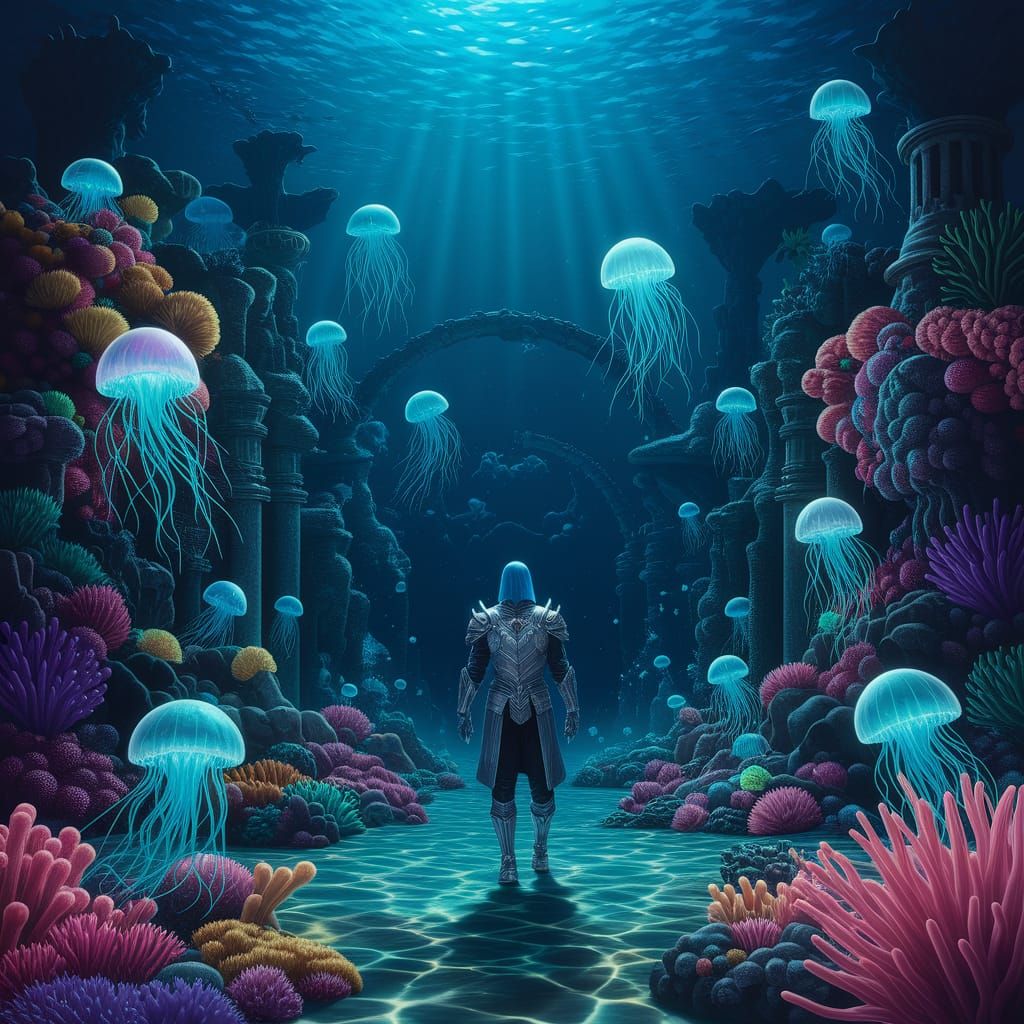Bioluminescent Knight Templar Explores Underwater City