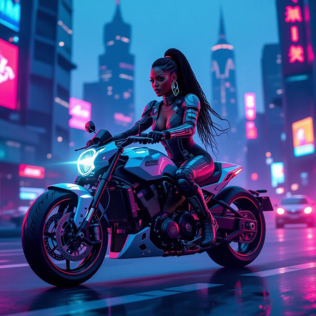 Cybernetic Woman Rides Motorcycle in Neon Metropolis