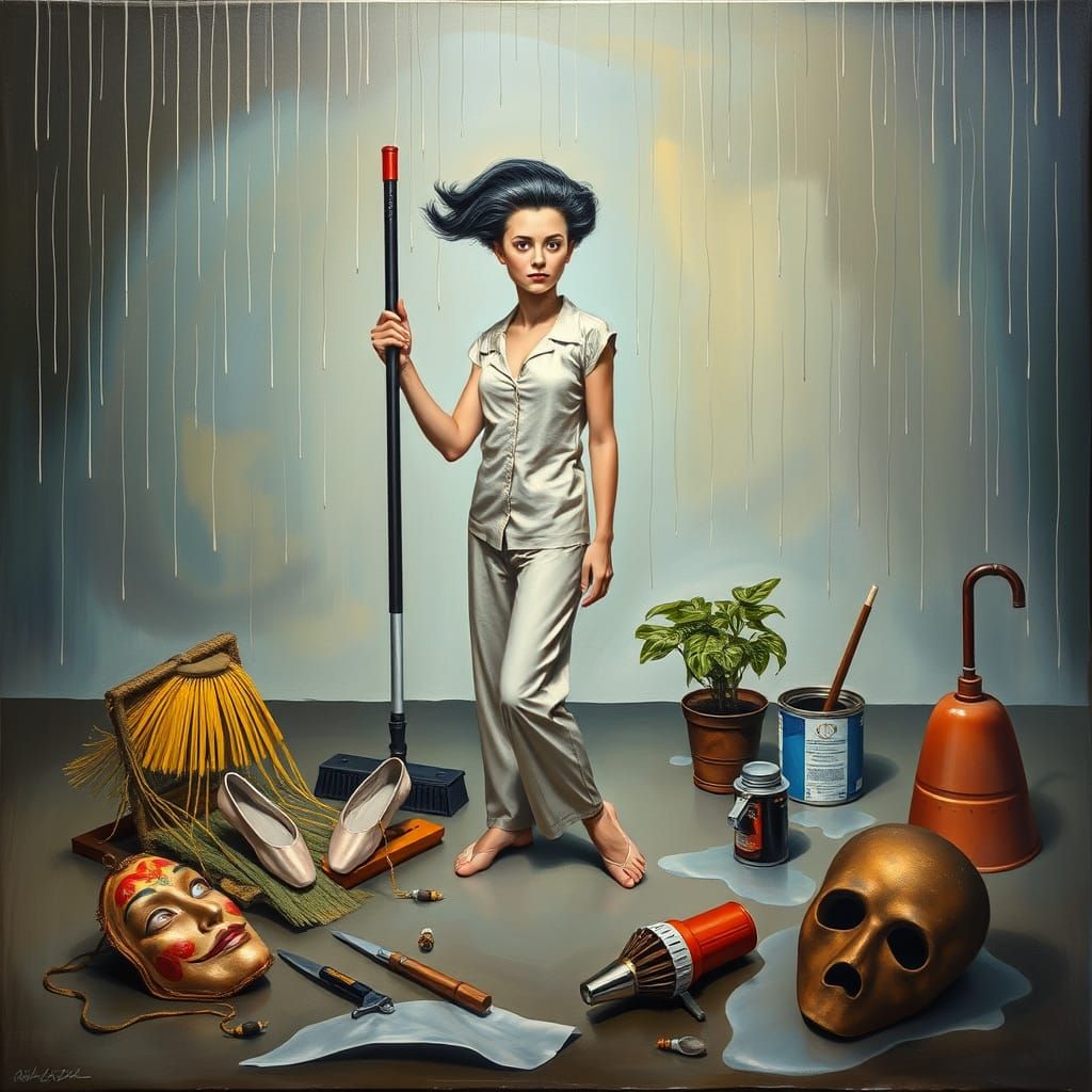 Surrealist Woman with Cat and Objects in Horizontal Rain