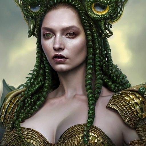 Demon Goddess Portrait in Green and Gold