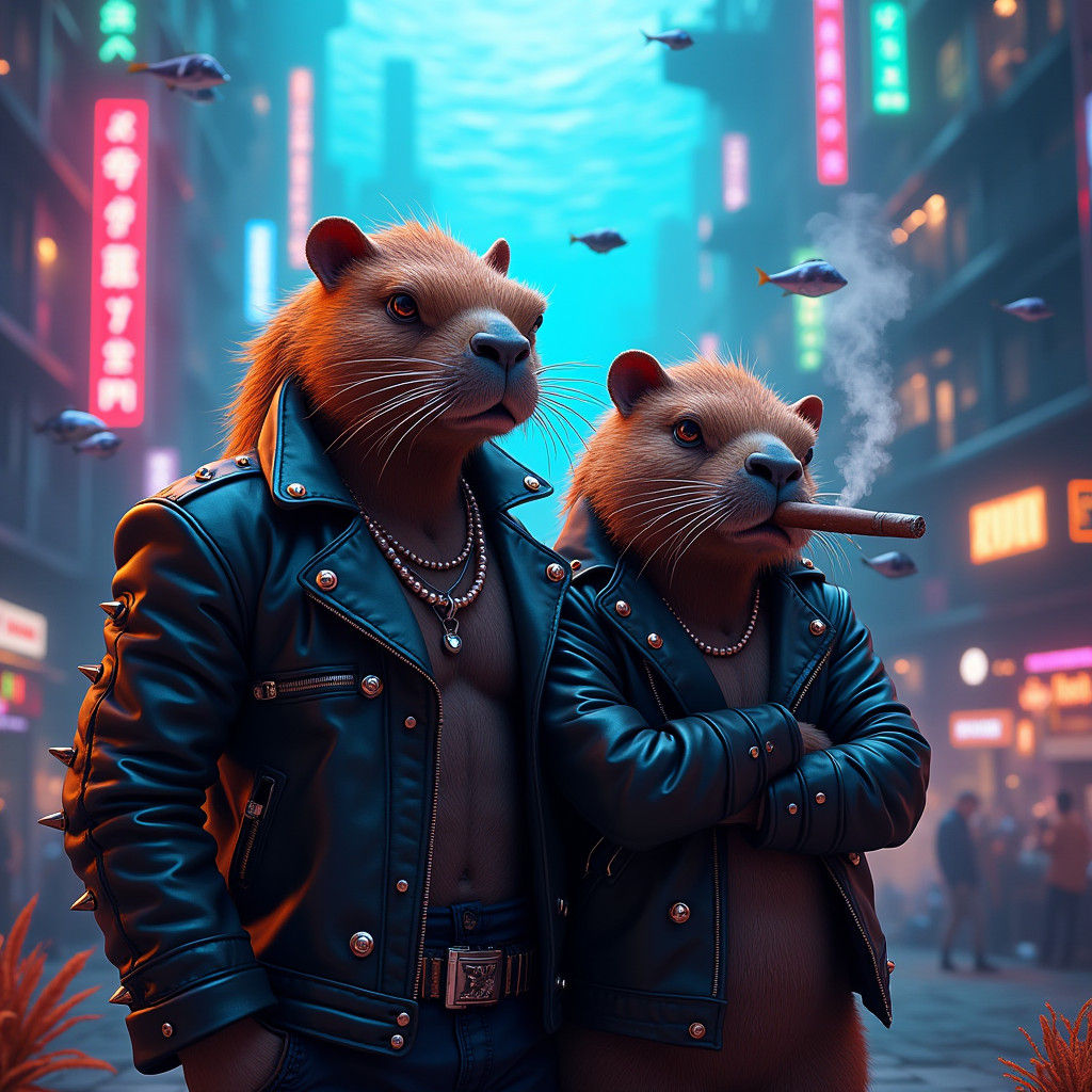 Fish Gangster and Capybara in Underwater Cityscape