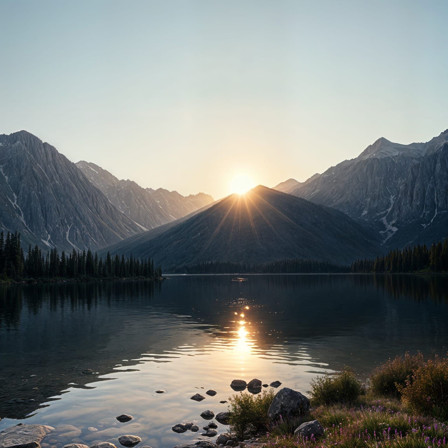 Ultra Realistic Mountain Lake at Summer Morning