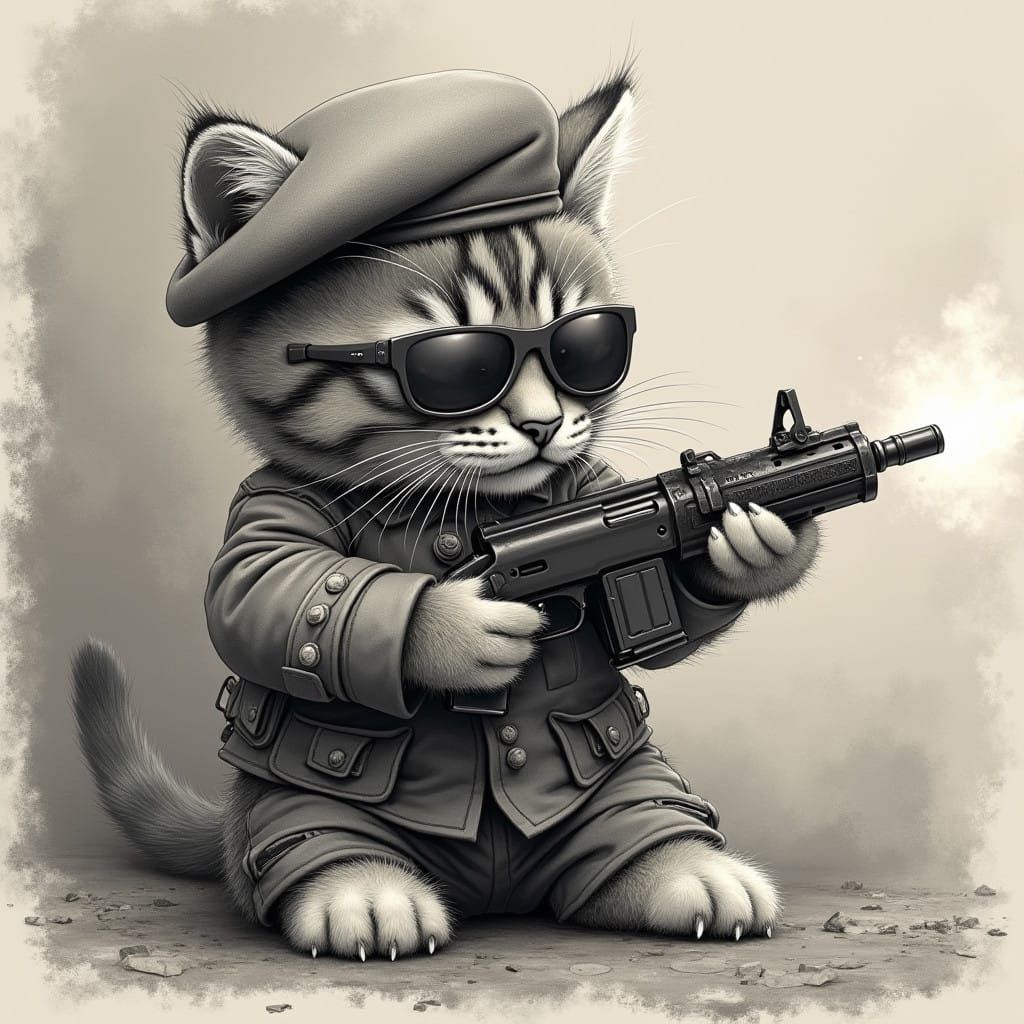 Kitten Soldier Fires Toy Gun in Whimsical Hyperdetailed Art