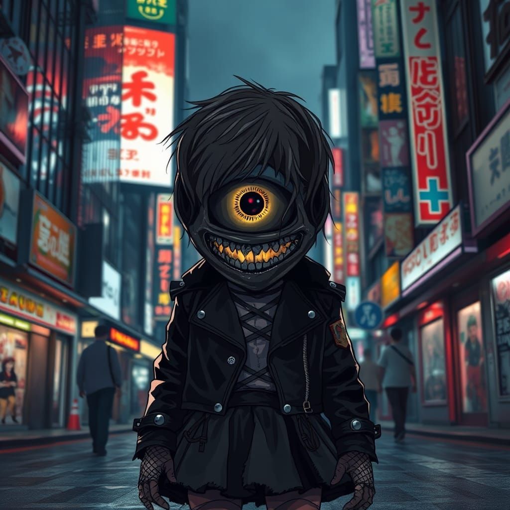 Creepy Masked Child in Dystopian Cyberpunk Tokyo