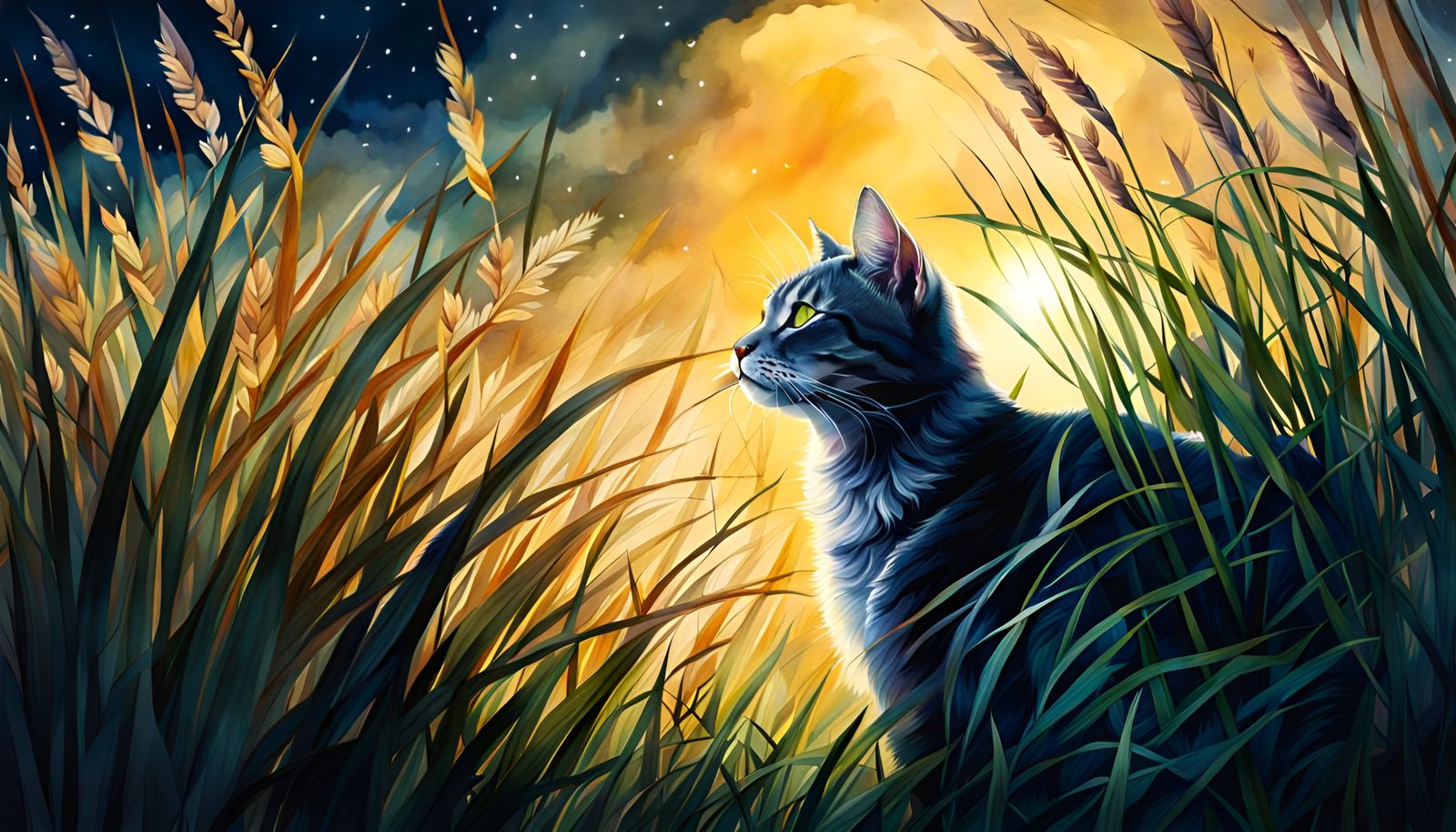 Moonlit Cat Creeping Through Grass: Watercolour Painting