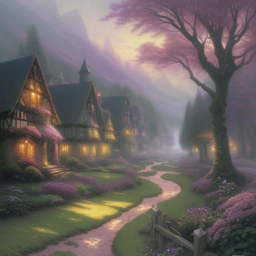 Ethereal Fantasy Village by Brook in Kinkade Style