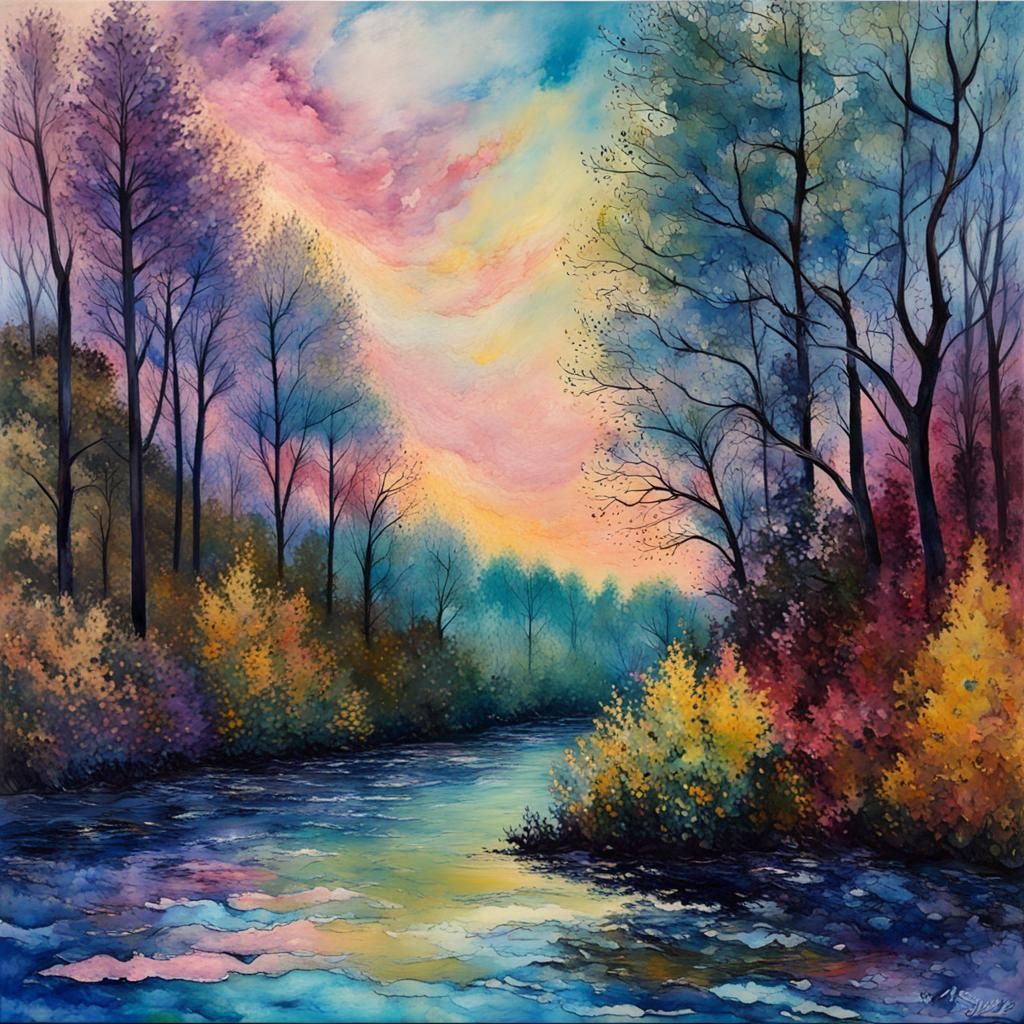 Abstract Forest River in Impressionist Alcohol Ink Style