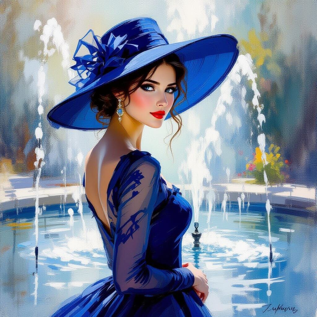 Elegant Lady with Blue Hat by Fountain