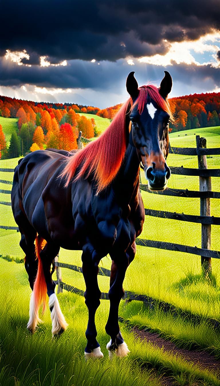 Hyperrealistic Landscape Photograph of a Red Haired Horse