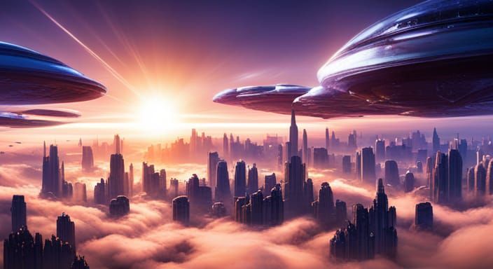 Alien City in Clouds with Spaceships, Fantasy Concept Art