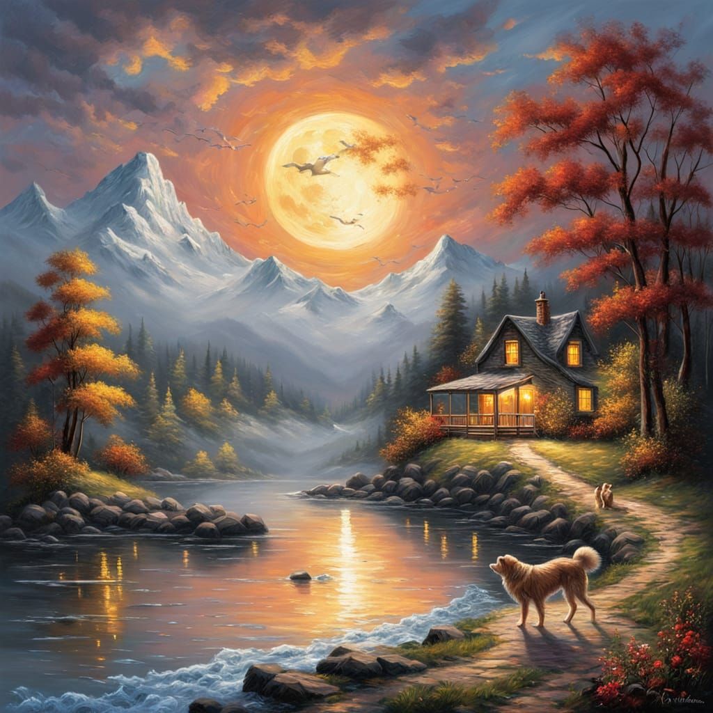 Ethereal Woman and Dog by Shimmering River