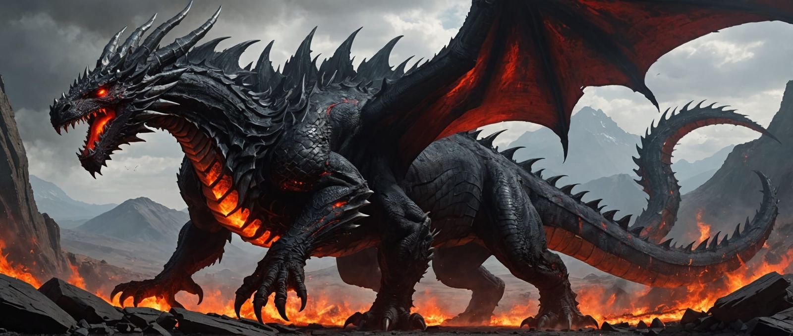 Epic Black Dragon in a Destroyed Magma Land