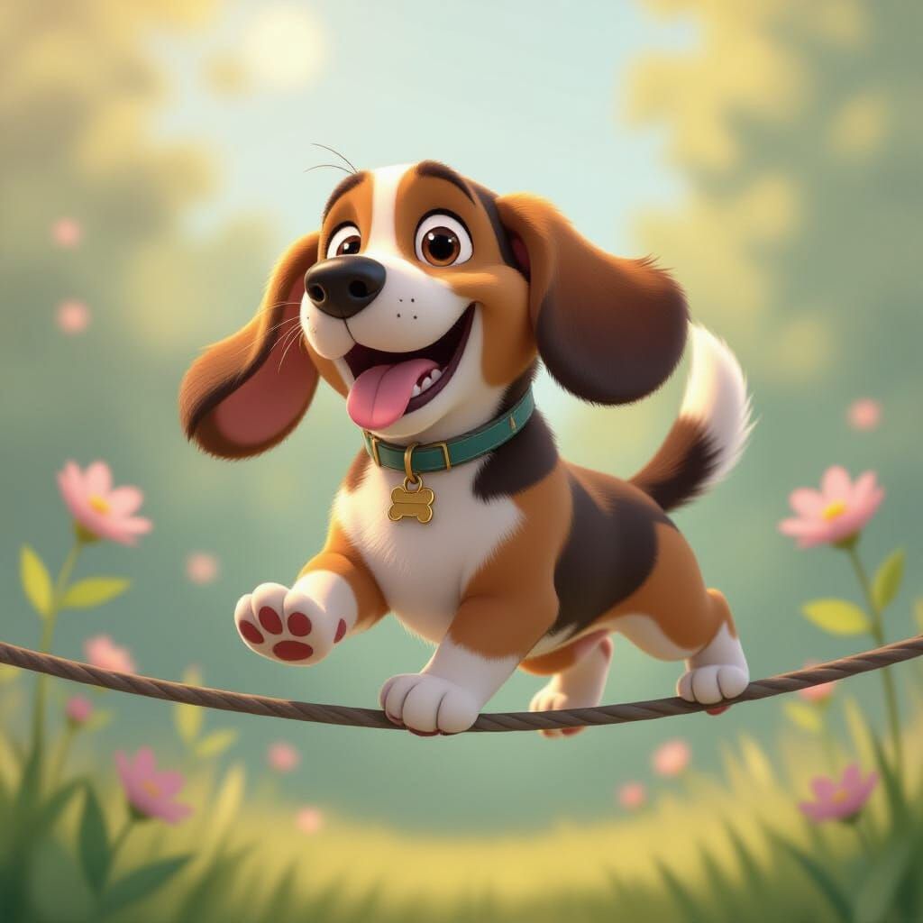 Basset Hound Balances on Wire in Dreamy Pastel Style