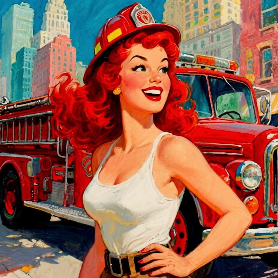 Vivacious Firefighter Pin-Up in Expressionist Oil Painting
