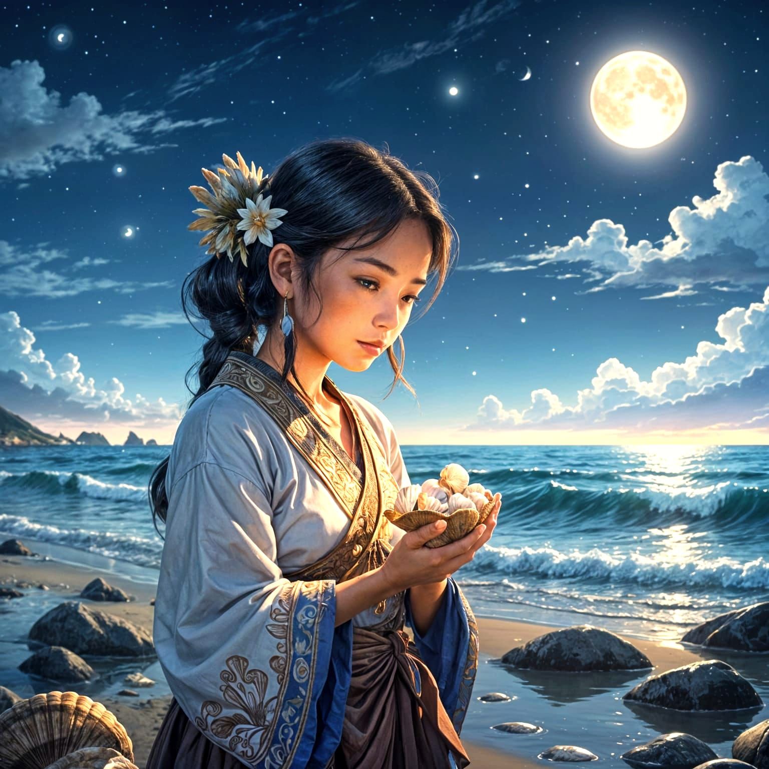 beautiful fair Igorot woman collecting seashells at the sea under a moonlit night; anime, photorealistic, atmospheric