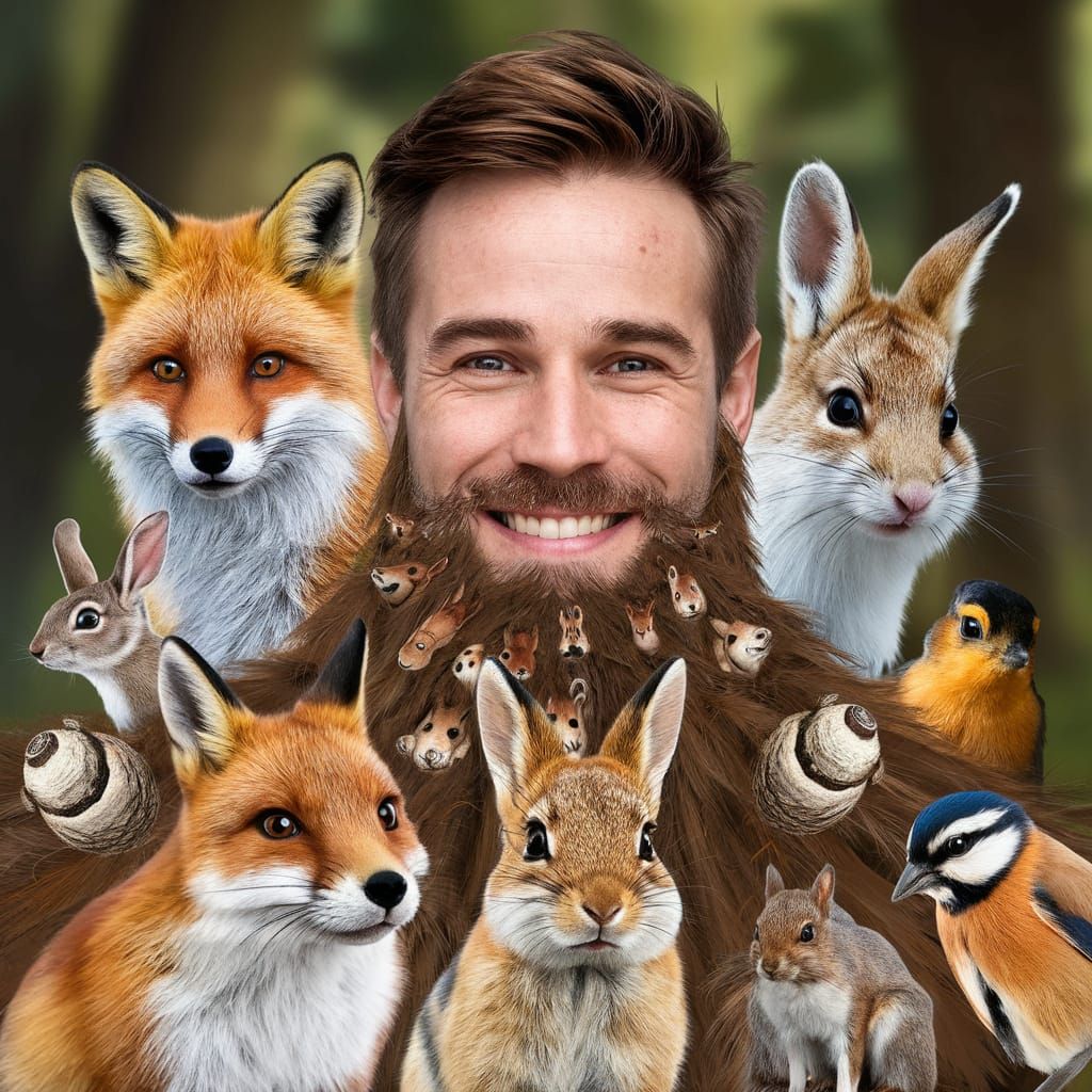 Man with Beard Made of Animals in Forest