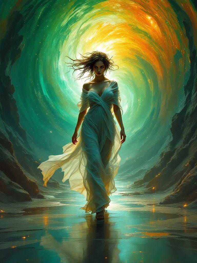 Mythic Woman in Swirling Energy Tunnel