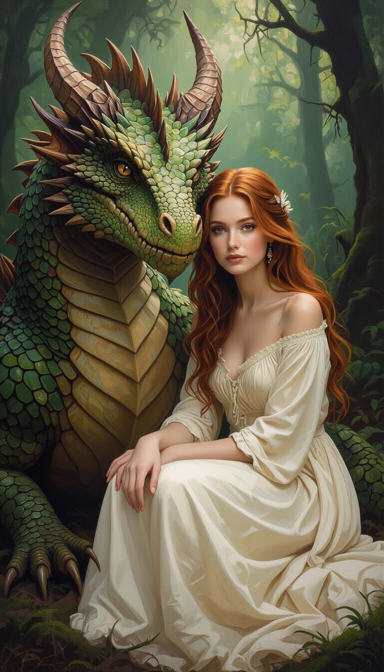 Woman and Dragon in Forest, Impasto Oil Painting