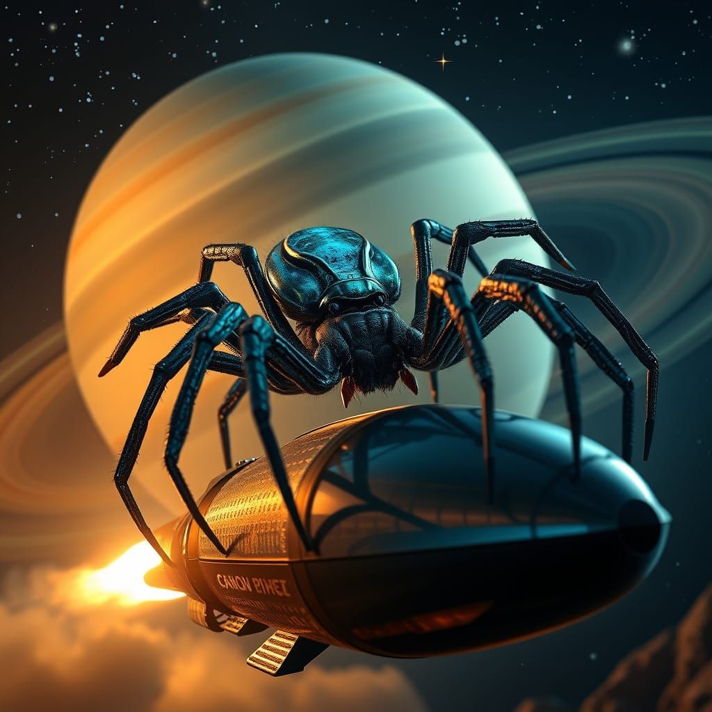 Surreal Space Spider Soars Amidst Saturn's Rings in Cosmic B...