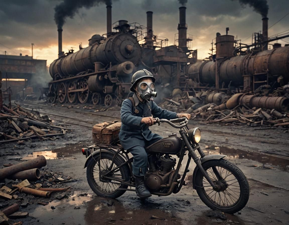 Dieselpunk Boy on Bicycle in Grim Factory Scene