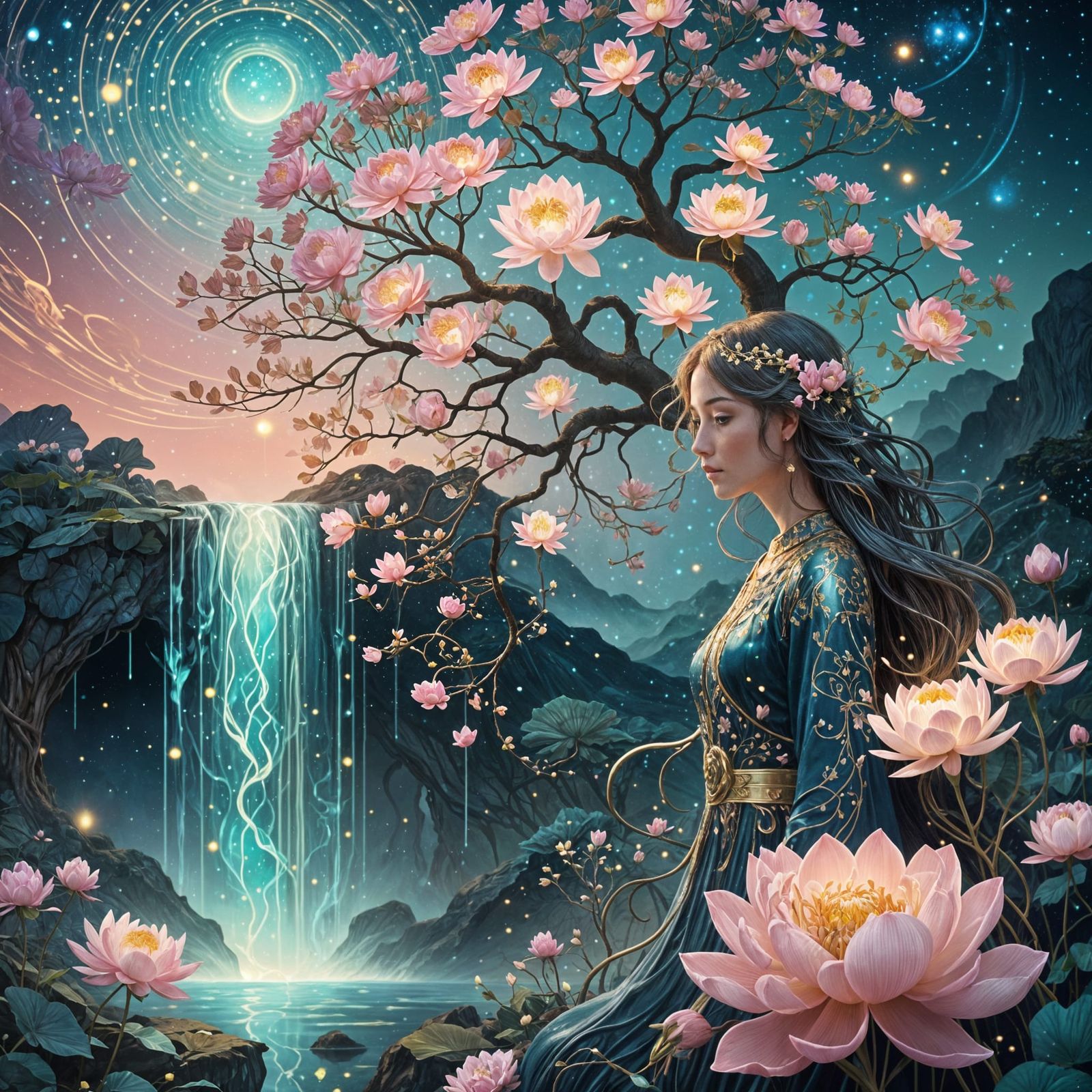 Surreal Cosmic Tree Blossoms with Glowing Flowers and Stardu...