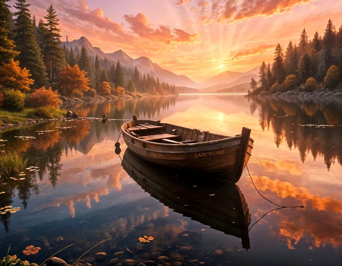 Weathered Boat on Calm Lake at Sunset
