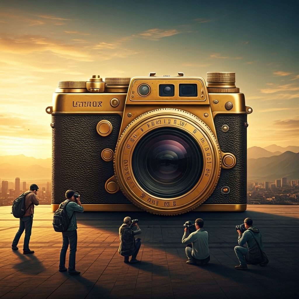 Giant Golden Camera at Sunset, Cinematic Style