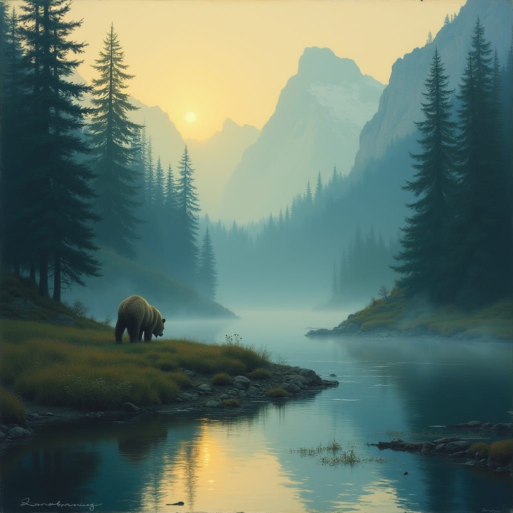 Bear in Misty Valley at Dawn, Inspired Art