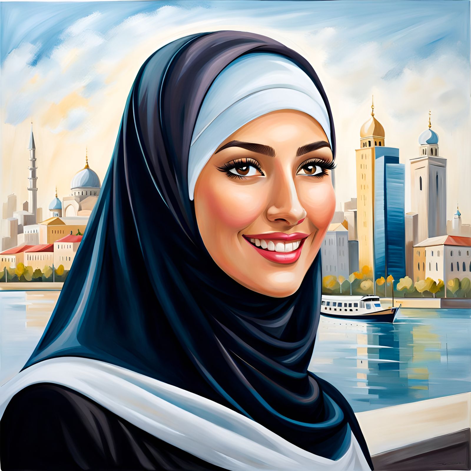 A Young Hijabi Woman Smiles Amidst Urban Splendor