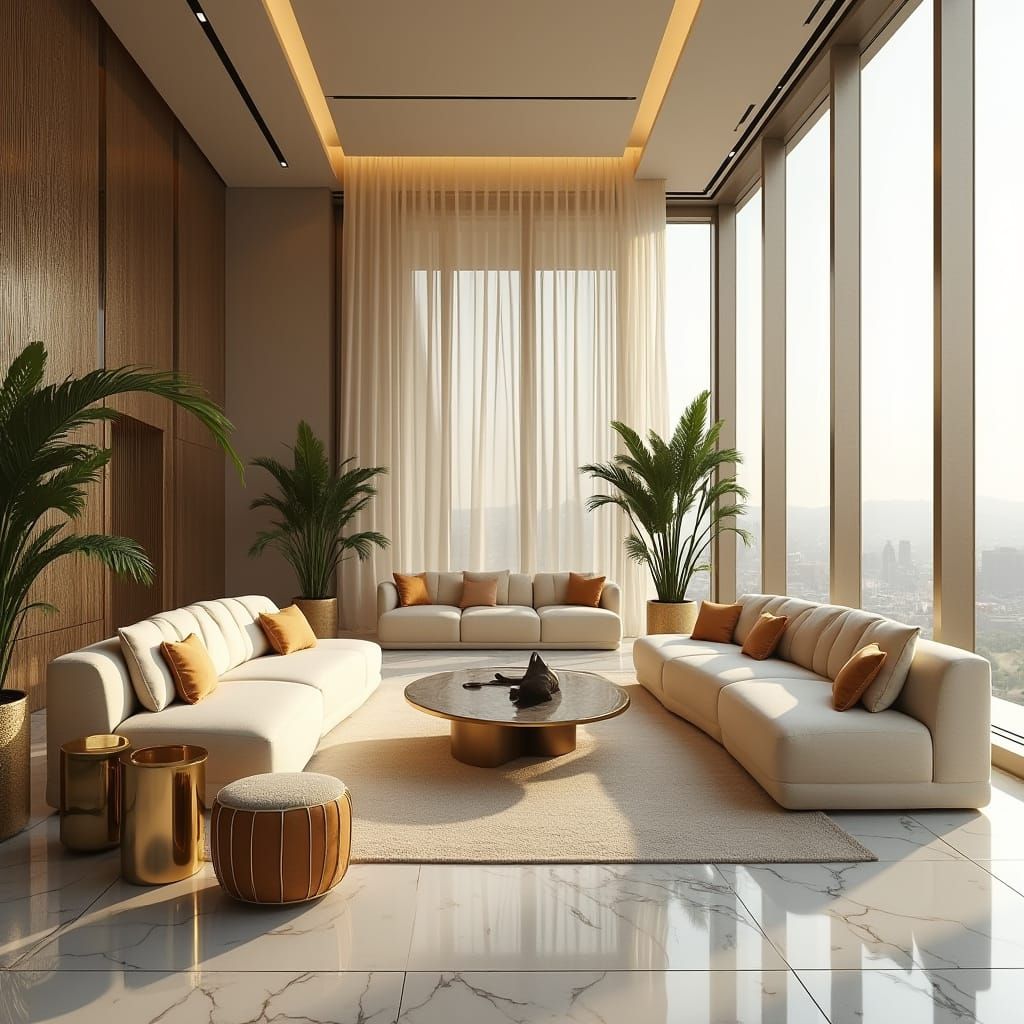 Luxurious Futuristic Living Room with Cream Sofas and Marble...