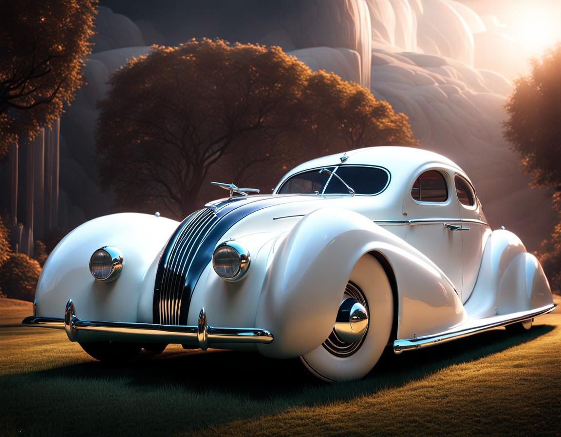 Retrofuturistic 1938 Fastback Automobile in Art Deco Style