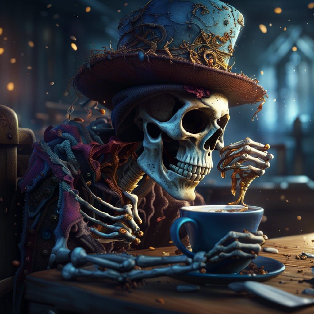 Sleepy Skeleton Bard Drinks Coffee, Detailed Matte Painting