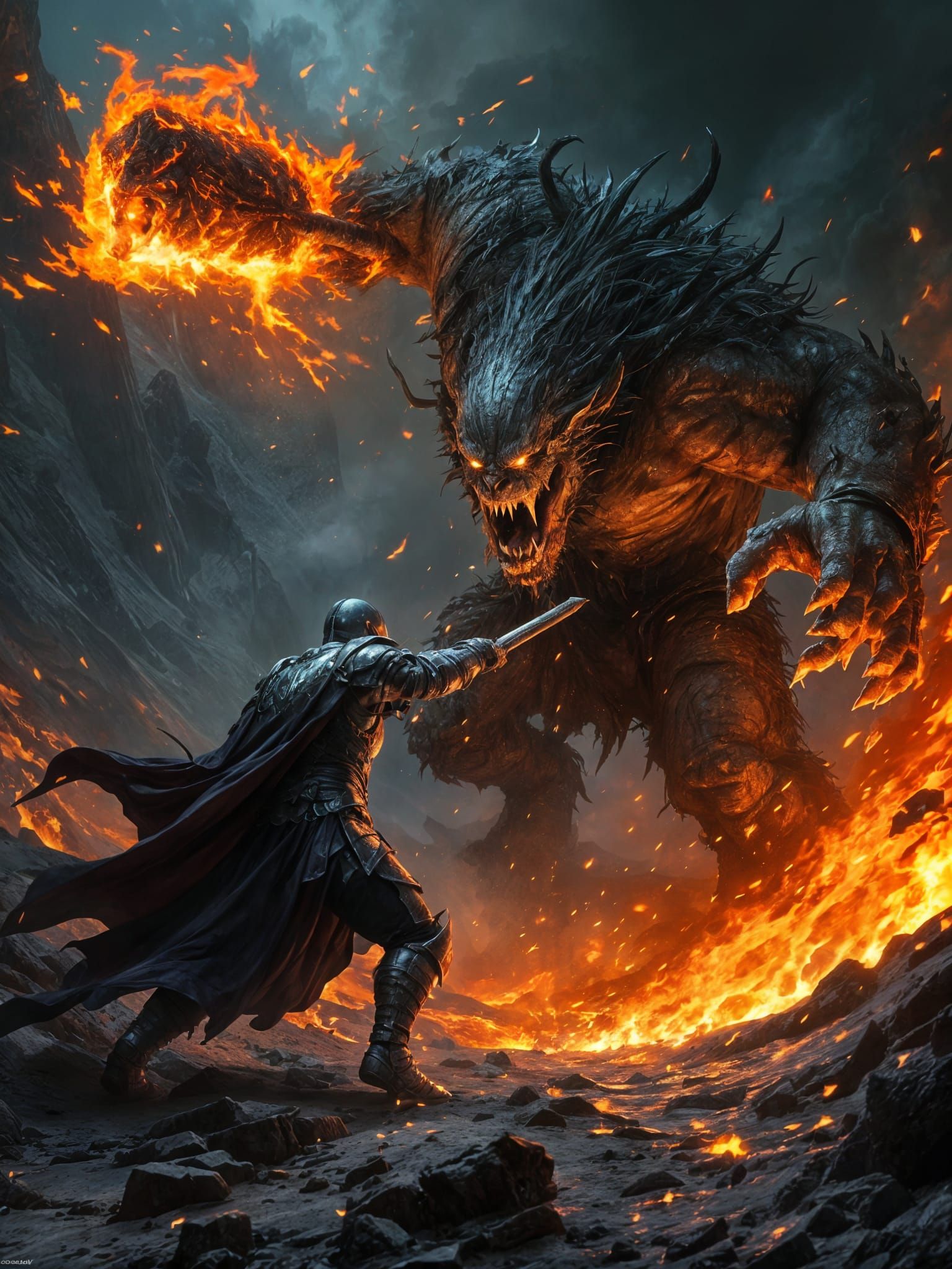 Knight Battles Troll in Volcanic Wasteland