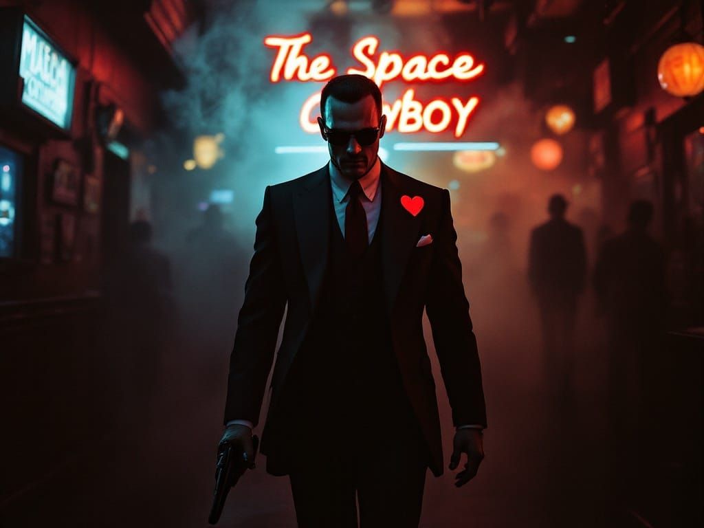 Gangster Enters Neon Nightclub in Pulp Art Style