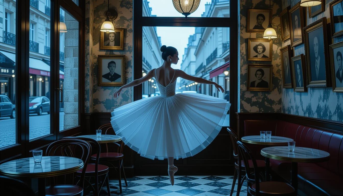 Ballerina in Shimmering Gown in Parisian Cafe