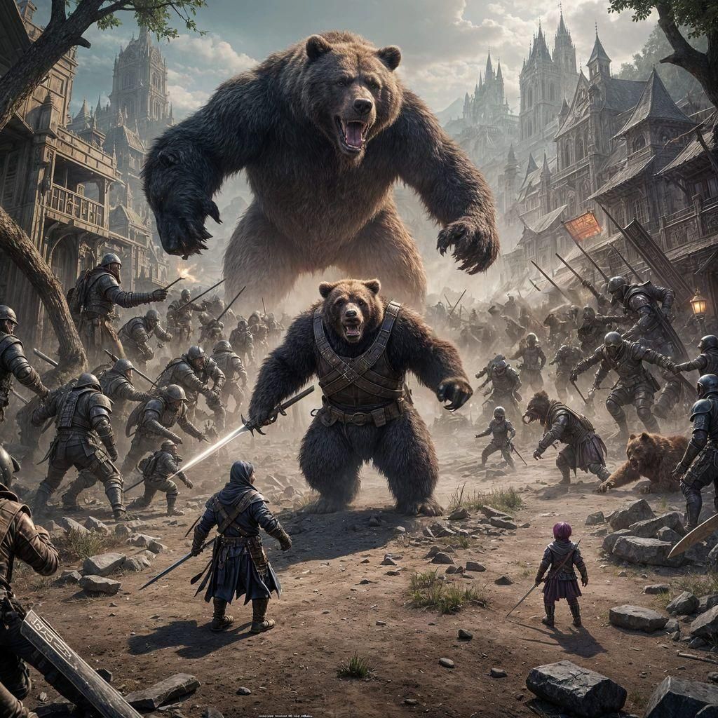 Epic Battle: Bear-Man vs Humans in Dark Fantasy Style