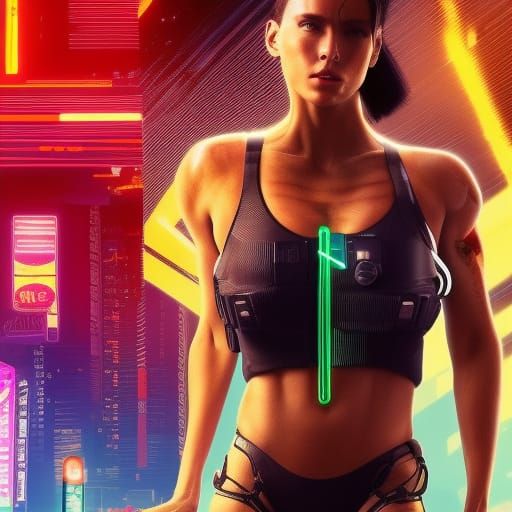 wet tanned big muscular female physique half cyborg enhanced female, shooting laser gun at cops, 4k