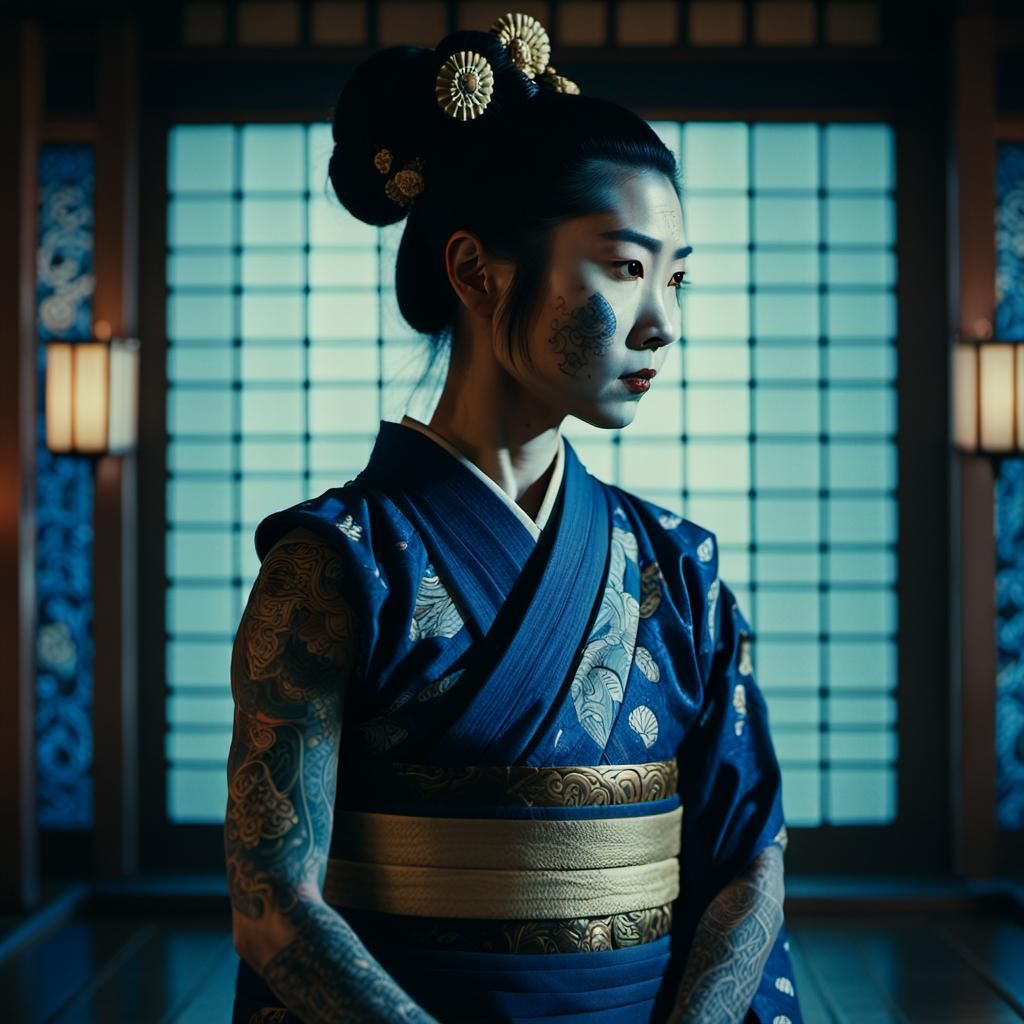 Samurai Geisha in Temple at Dusk: Cinematic Still