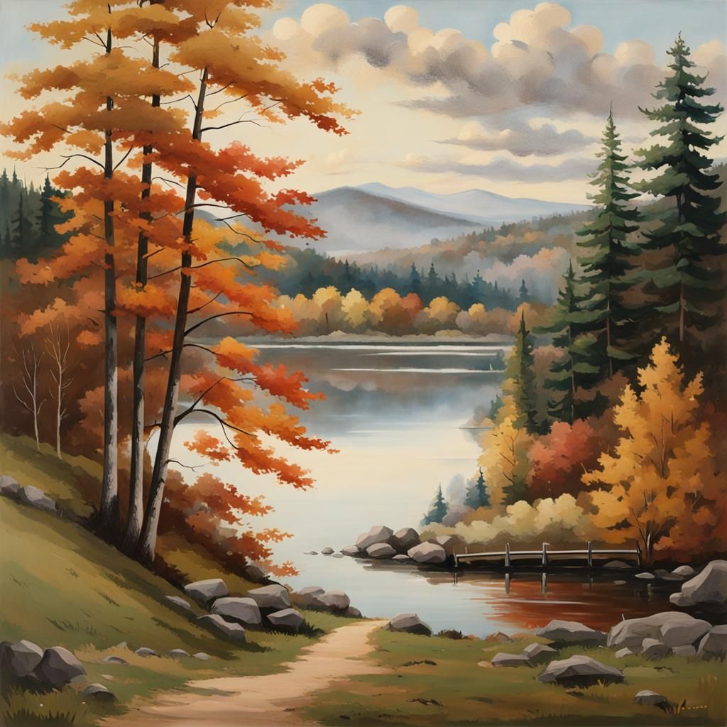 Autumn Lake Landscape Painting with Evergreen Trees