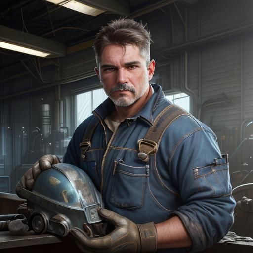 Welder Portrait in Industrial Setting with Sparks