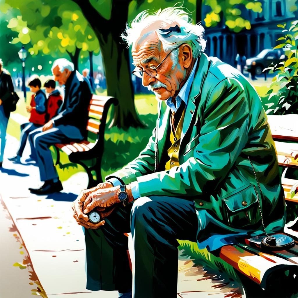 Grandpa on Park Bench with Pocket Watch, Photorealistic Styl...