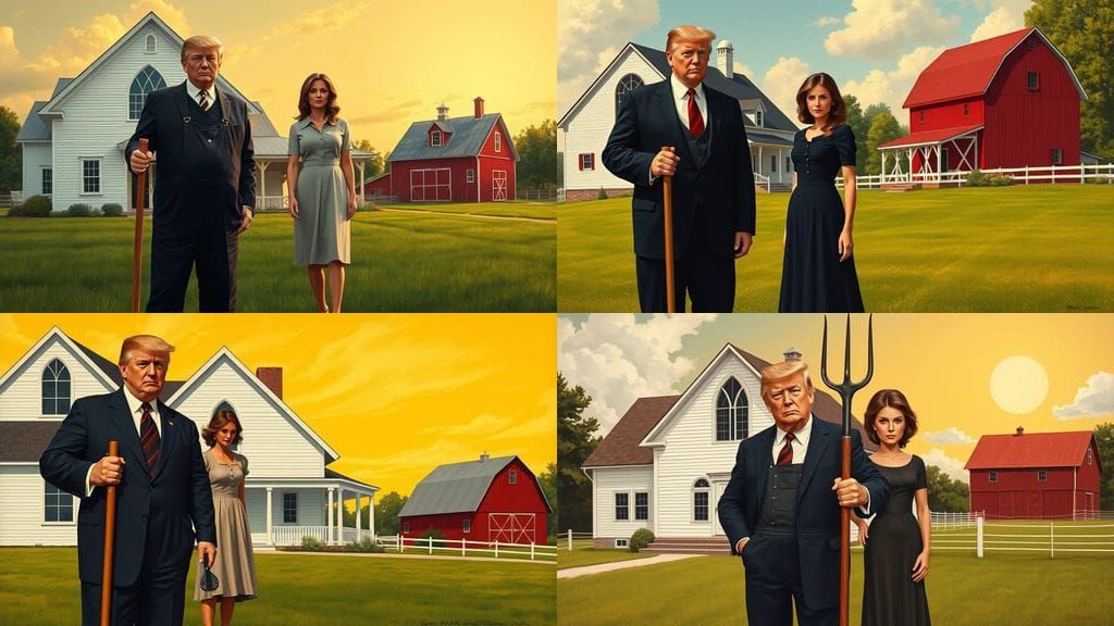 Trump American Gothic Parody in Regionalist Style