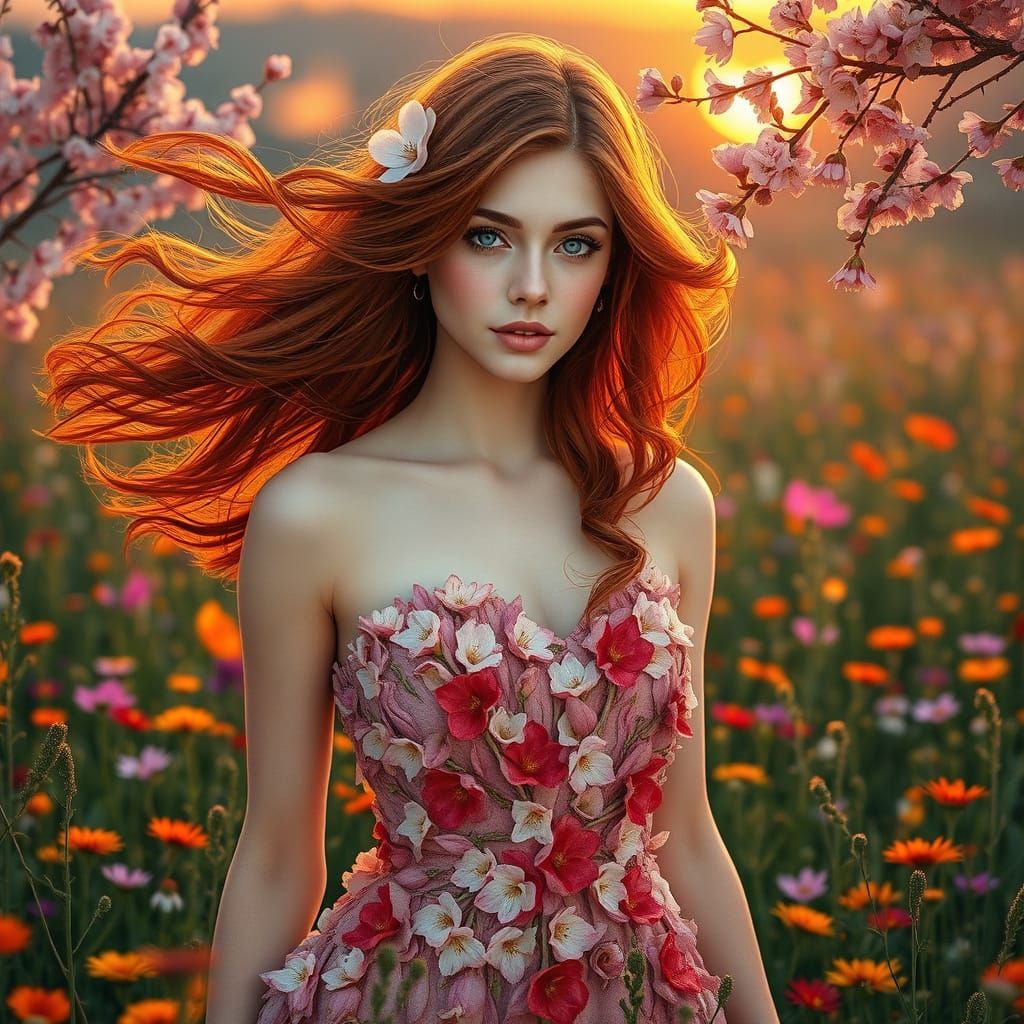 Mystical Spring Goddess in Whimsical Floral Dress