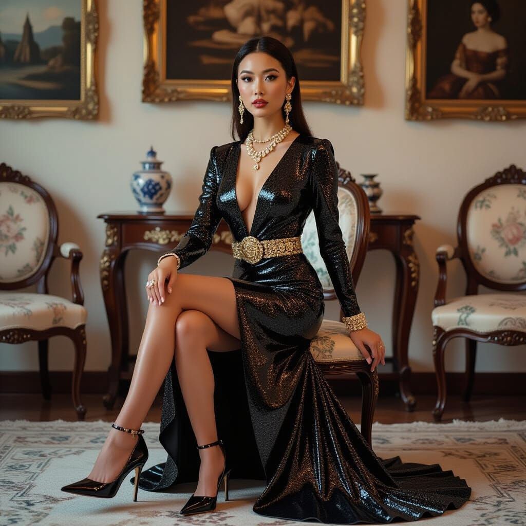 Asian Woman in Glittering Dress, Realistic Style