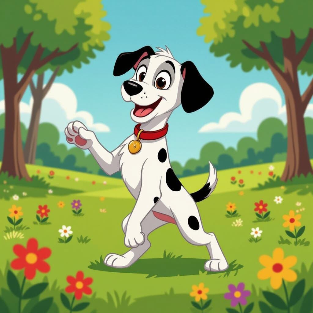 Cartoon Dalmatian's Bizarre Gesture in Meadow Scene