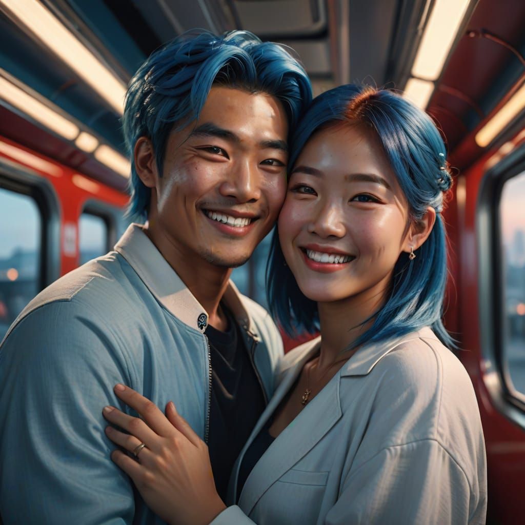Smiling Asian Couple in Hyperrealistic Digital Art