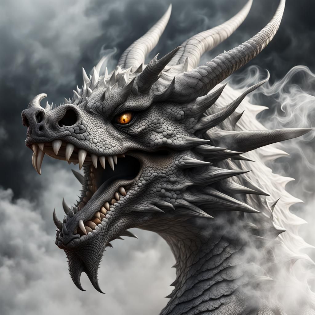 Detailed Black and White Dragon Head in Fantasy Art